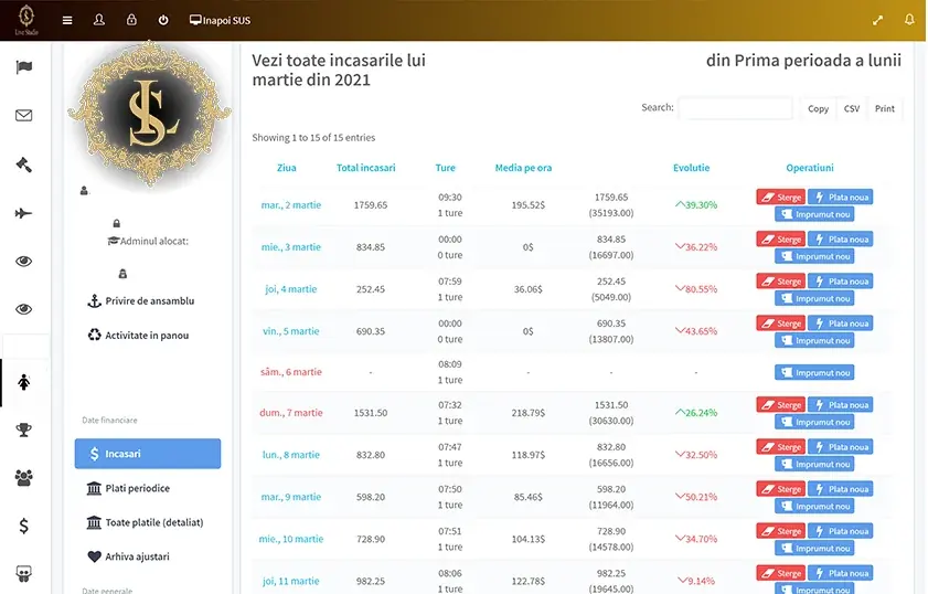 Exemplu de dashboard și încasări
